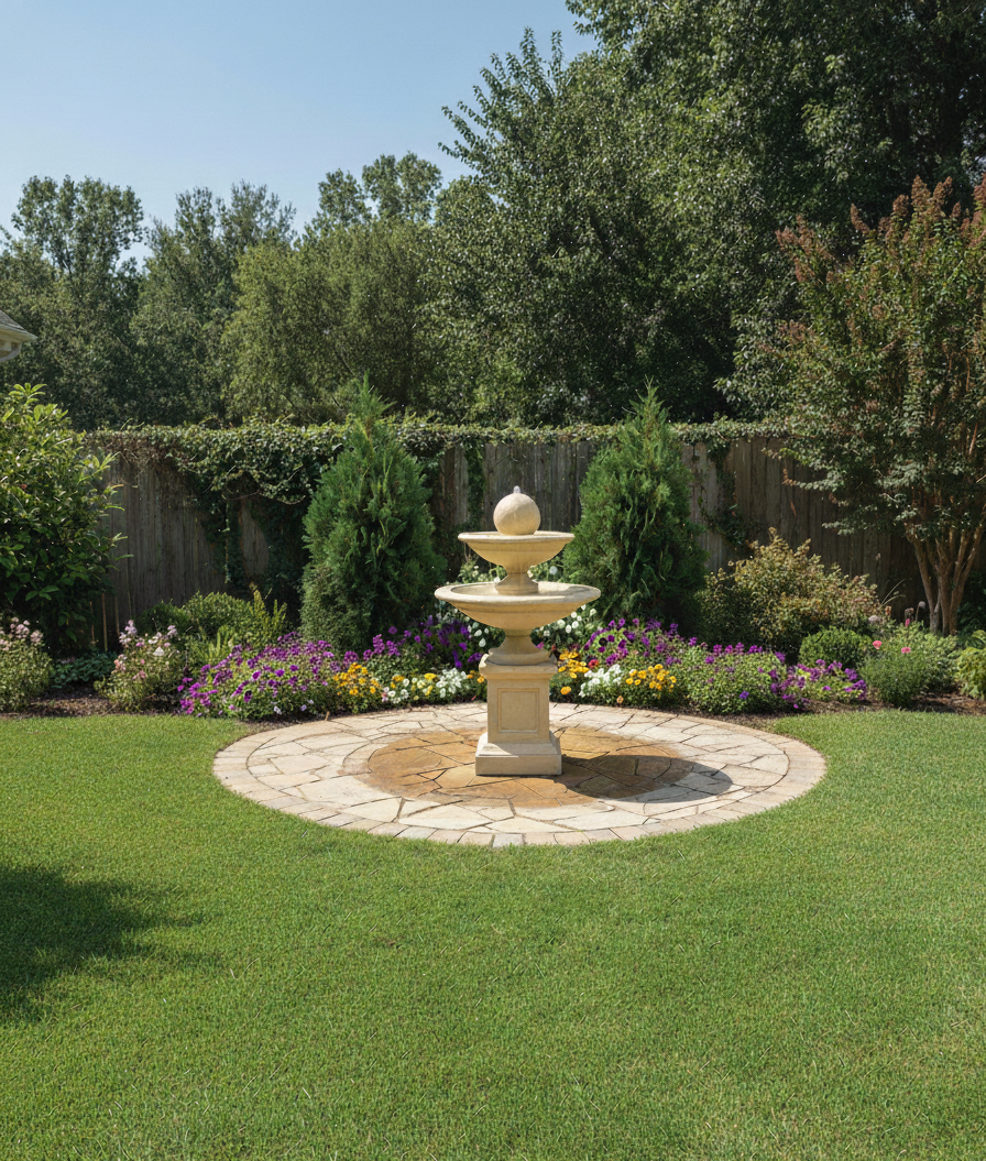 Two-tiered stone fountain in a garden with green grass and trees