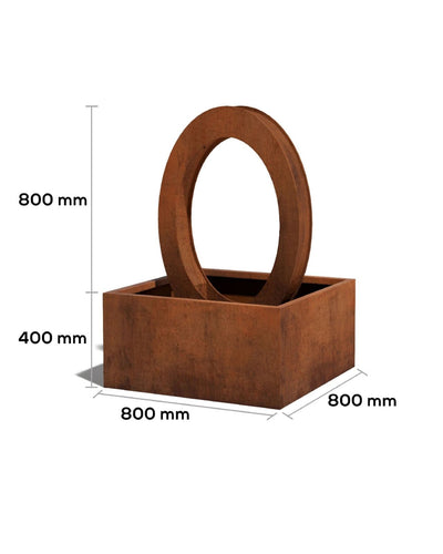 Rust-colored metal pwater feature with dimensions indicated on a white background