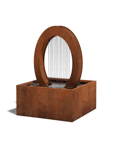 Rust-colored metal fountain with circular arch on a white background