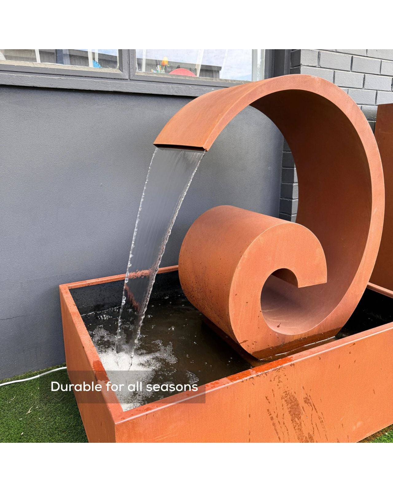 Corten Steel Curved Outdoor Spout Water Feature w/ Reservoir