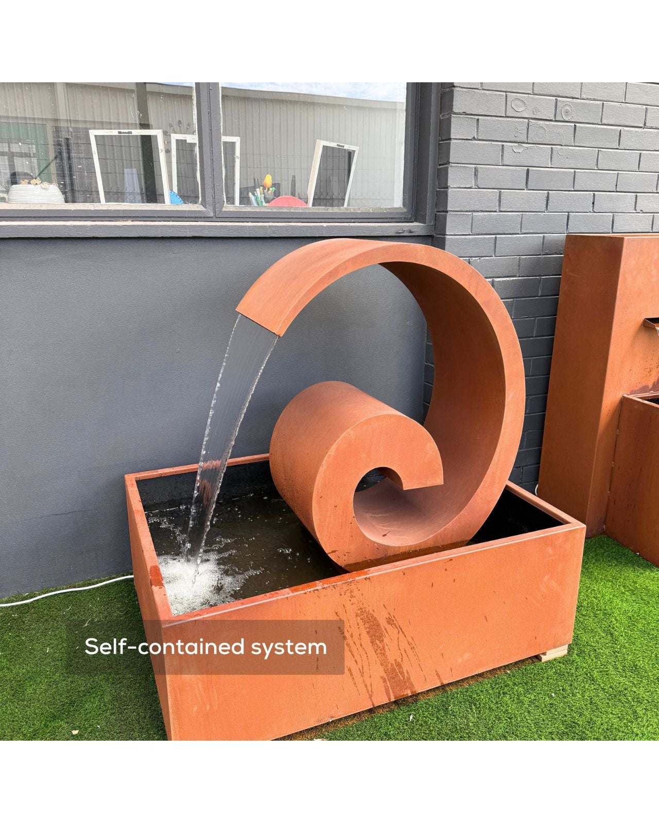 Corten Steel Curved Outdoor Spout Water Feature w/ Reservoir