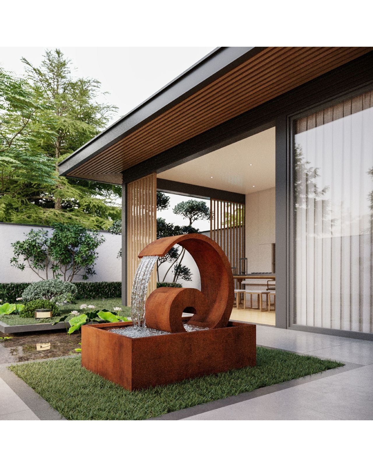 Corten Steel Curved Outdoor Spout Water Feature w/ Reservoir