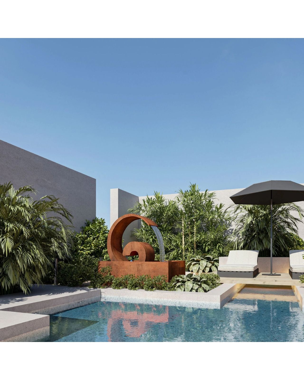 Corten Steel Curved Outdoor Spout Water Feature w/ Reservoir