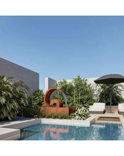 Corten Steel Curved Outdoor Spout Water Feature w/ Reservoir