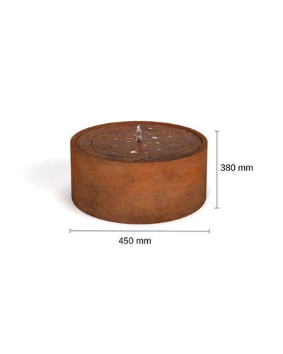 Round metal fire pit corten steel water feature with dimensions on a white background