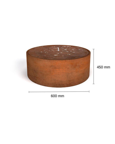 Round metal fire pit corten steel water featue with dimensions on a white background