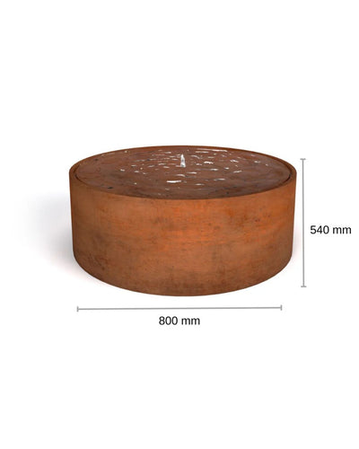 Round metal fire pit corten steel water feature with dimensions on a white background