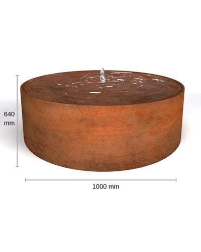 Cylindrical corten steel water feature with dimensions on a white background