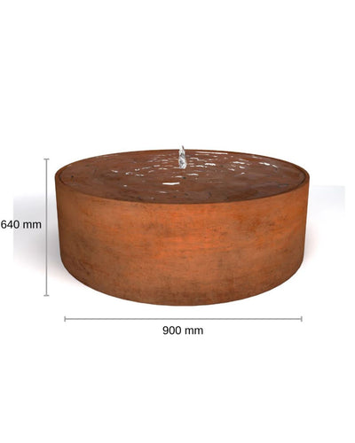 Cylindrical corten steel water feature with dimensions on a white background