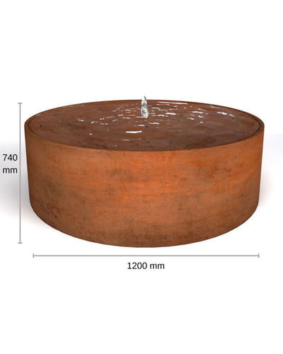 Cylindrical corten steel water feature with dimensions on a white background.