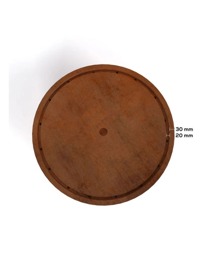 Round wooden block corten steel water feature with measurement labels on a white background