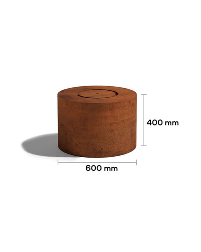 Rust-colored cylindrical corten steel water feature with dimensions on a white background