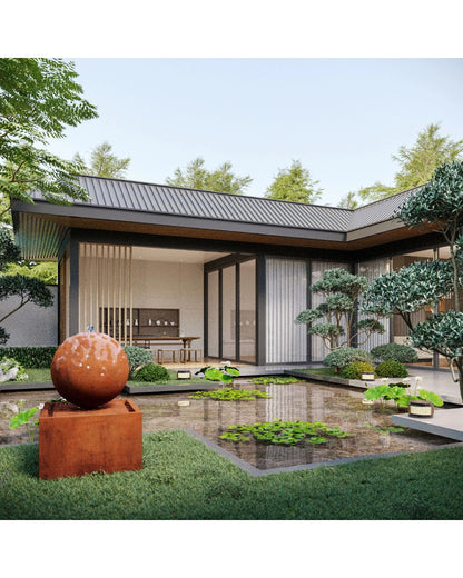 Corten Steel Rustic Ball Water Feature with Square Reservoir