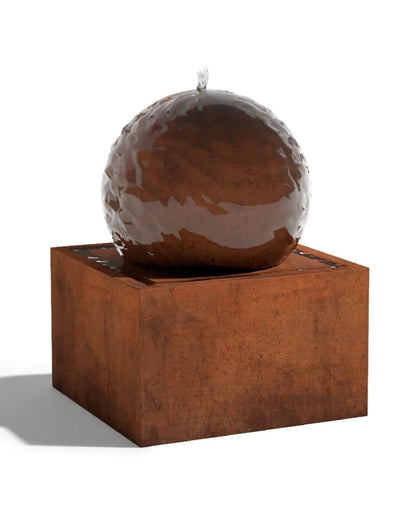 Corten Steel Rustic Ball Water Feature with Square Reservoir