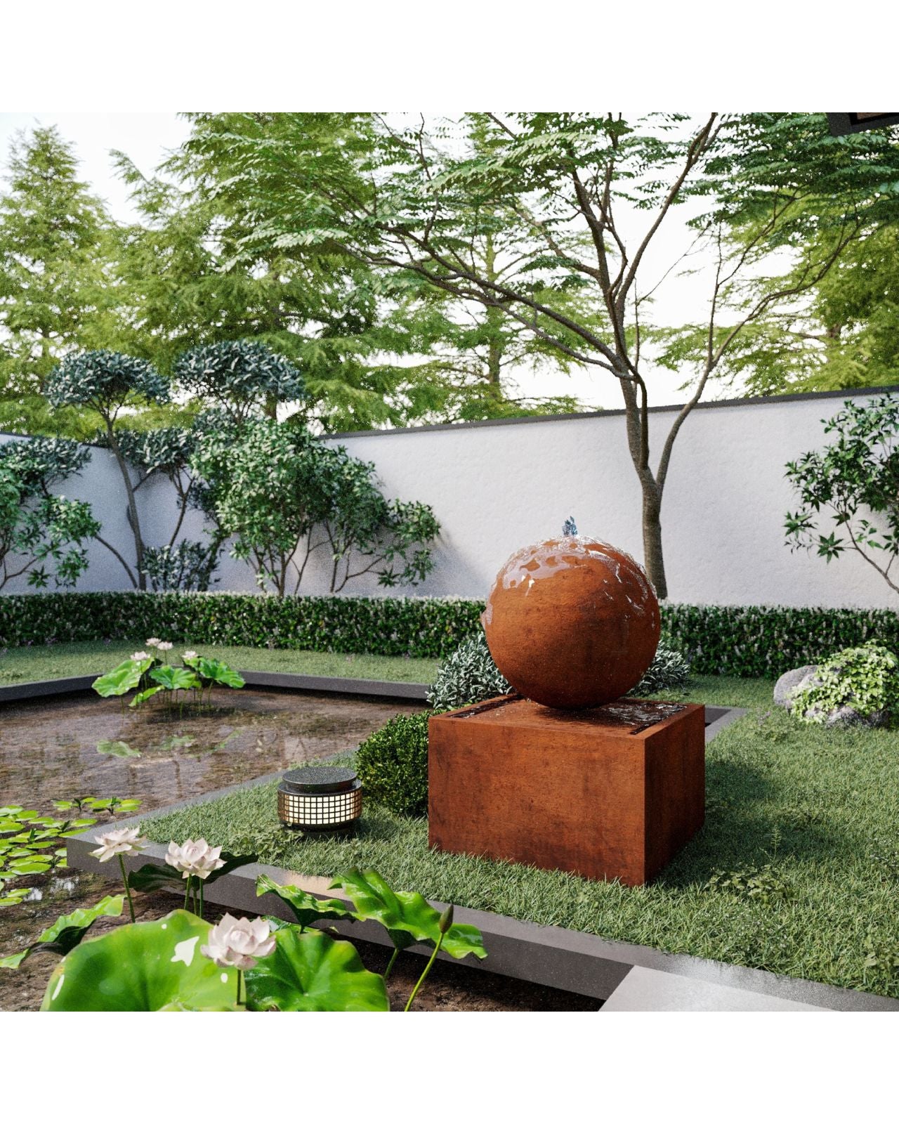 Corten Steel Rustic Ball Water Feature with Square Reservoir
