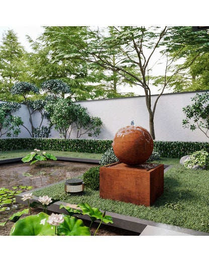 Corten Steel Rustic Ball Water Feature with Square Reservoir