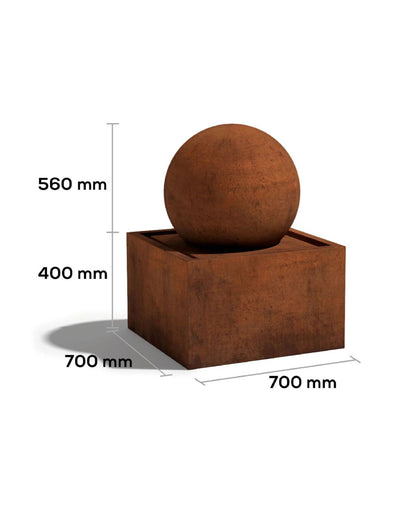 Corten Steel Rustic Ball Water Feature with Square Reservoir