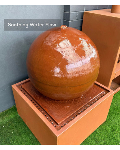 Corten Steel Rustic Ball Water Feature with Square Reservoir