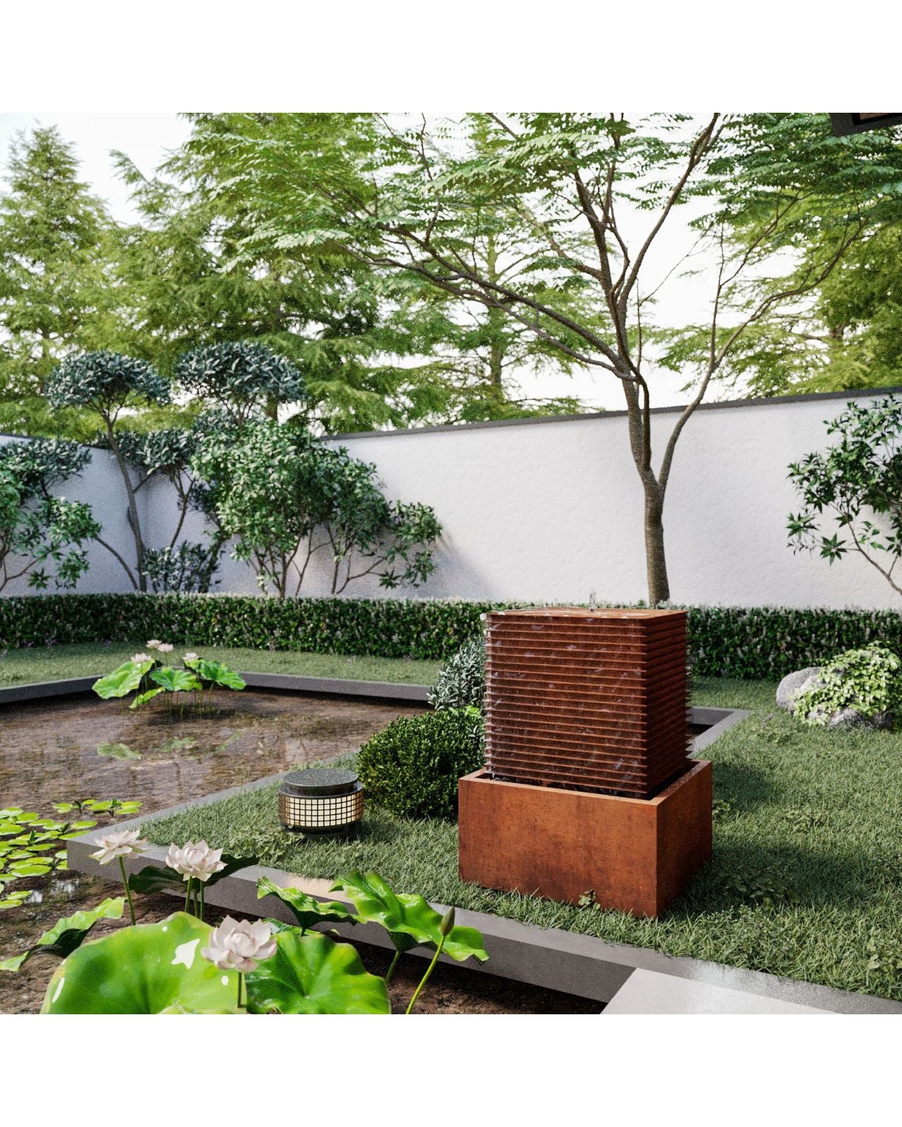 Corten Steel Rustic Bubbling Water Feature w/ Square Reservoir