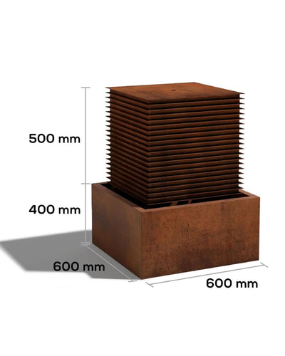 Rust-colored rectangular water feature with dimensions indicated on a white background