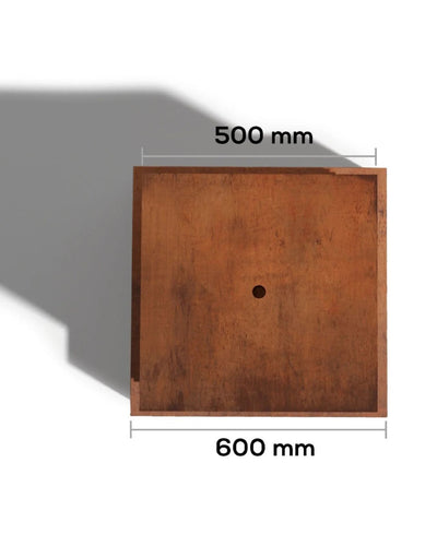 Wooden square block  water feature with dimensions labeled on a white background