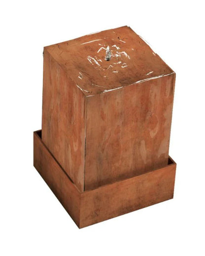 Corten Steel Rustic Pillar Water Feature w/ Square Reservoir
