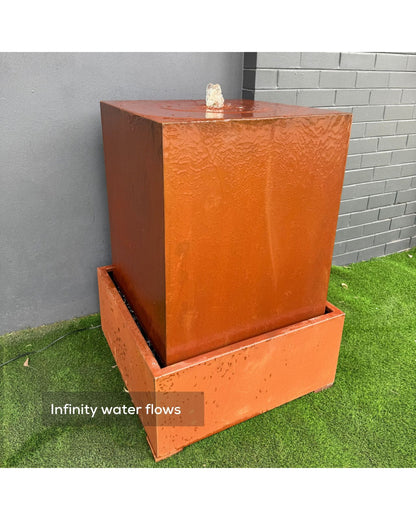 Corten Steel Rustic Pillar Water Feature w/ Square Reservoir