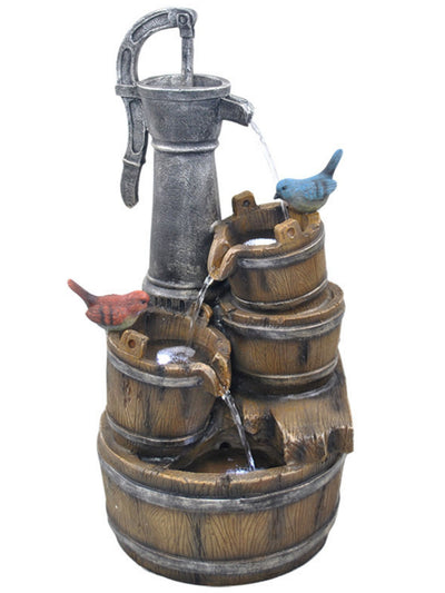 Hand Pump with Buckets & Birds LED Light Water Feature 62cm
