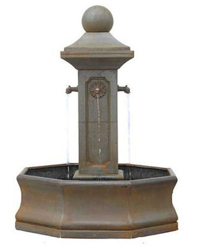 Decorative stone fountain with a spherical top on a white background