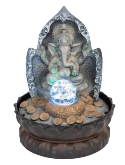 A Ganesha spiritual tabletop fountain statue featuring a seated Ganesha figure inside an ornate silver arch, with a glowing blue-and-white crystal ball in the center.