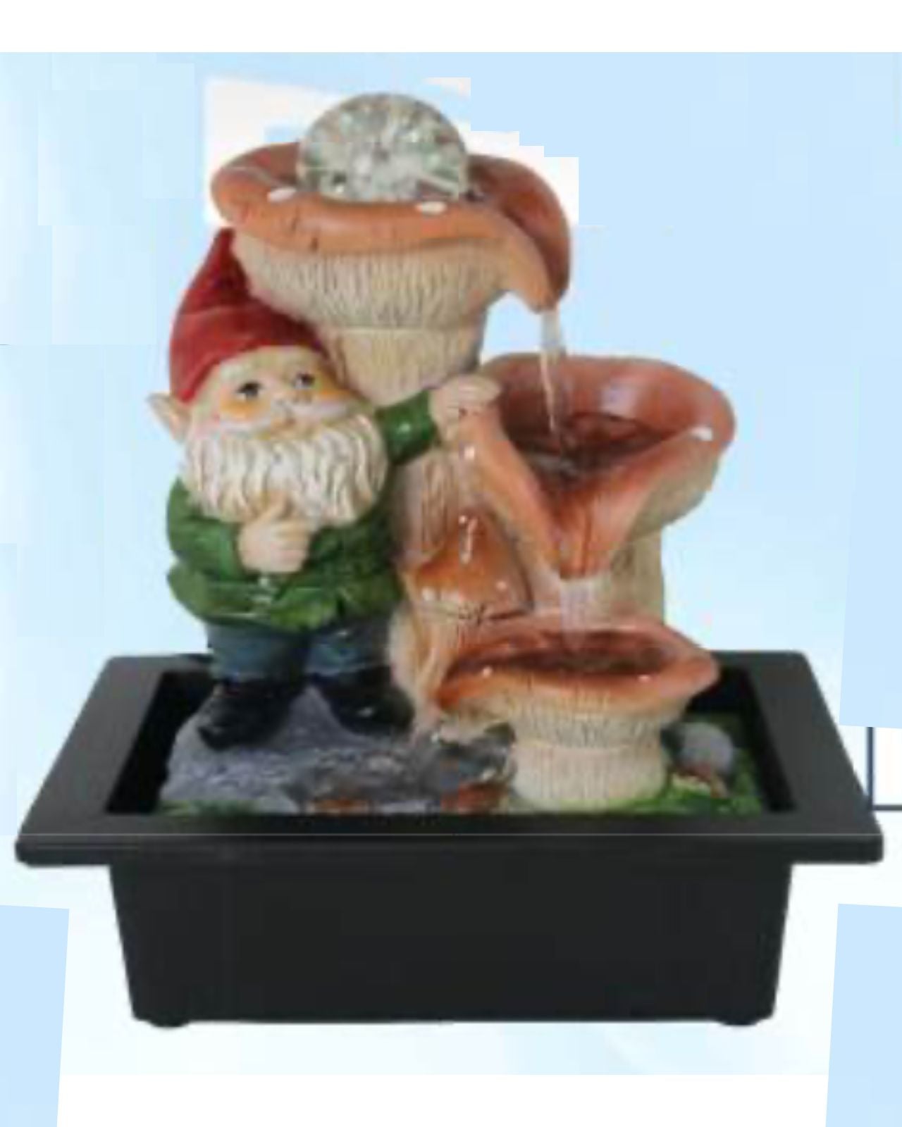 Gnome figurine with a water fountain on a light blue background