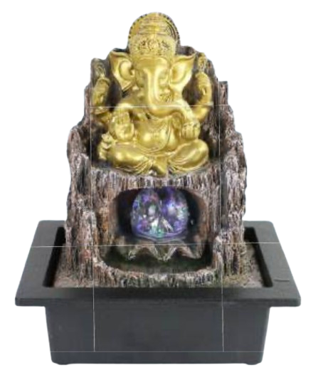 A small Ganesha tabletop fountain statue with a gold-colored Ganesha figure seated on a textured brown rock-like base. 