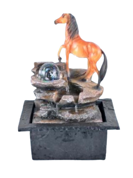 A decorative miniature tabletop fountain featuring a standing horse figurine on a rock-like tiered structure.