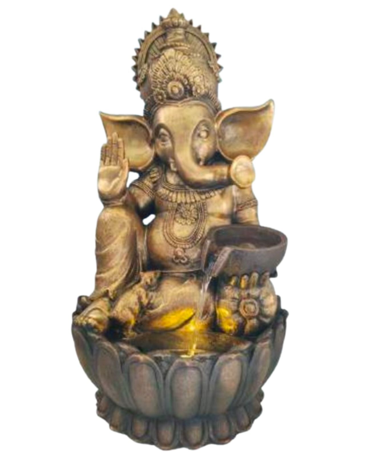 Bronze Ganesha water feature with LED Lighting on a white background
