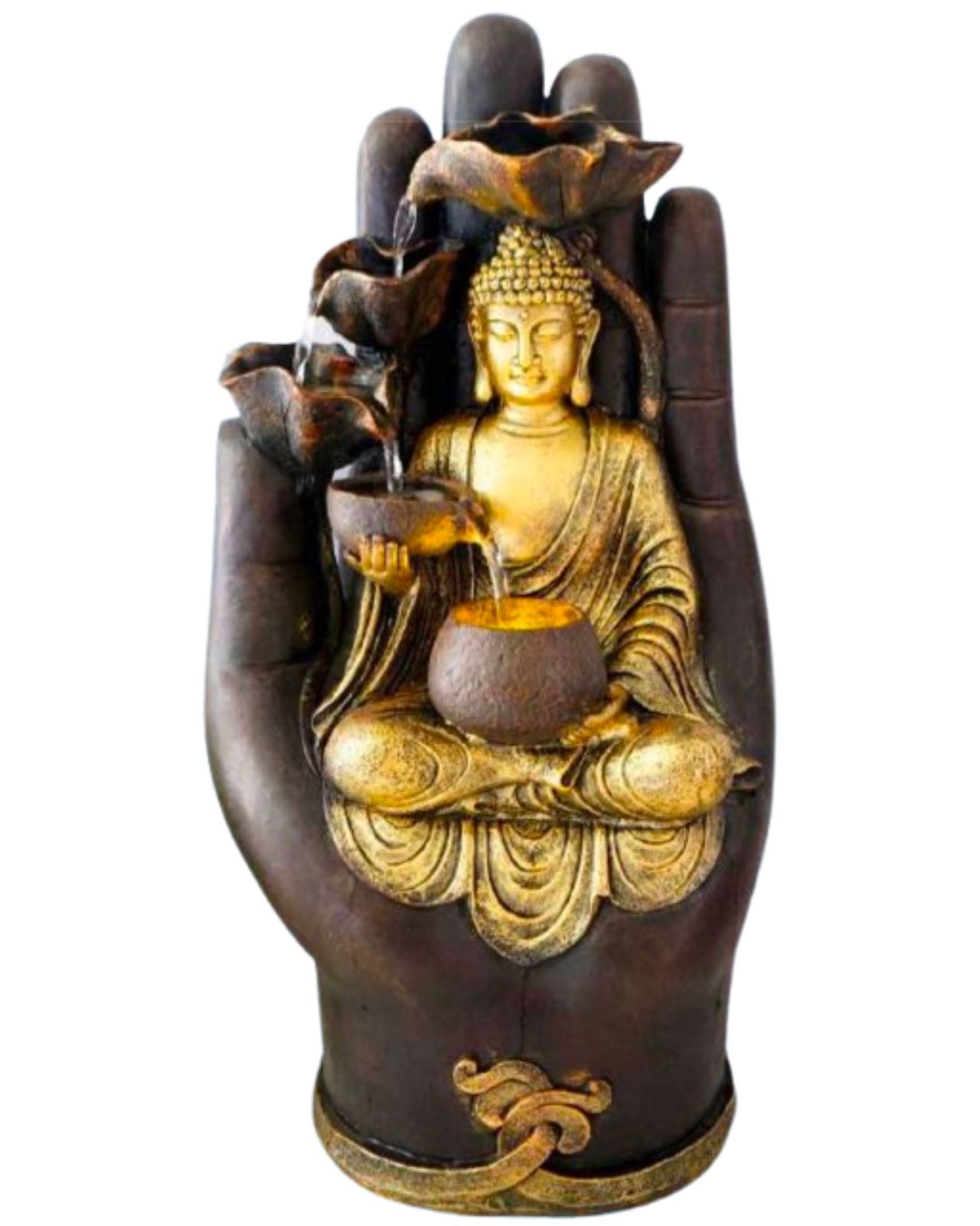 Decorative water feature of a hand holding a Buddha figure with a cup and bowl.