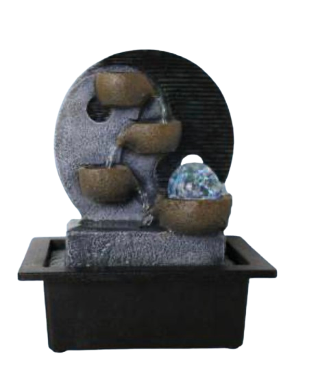A small decorative tabletop fountain with tiered stone like bowls. 