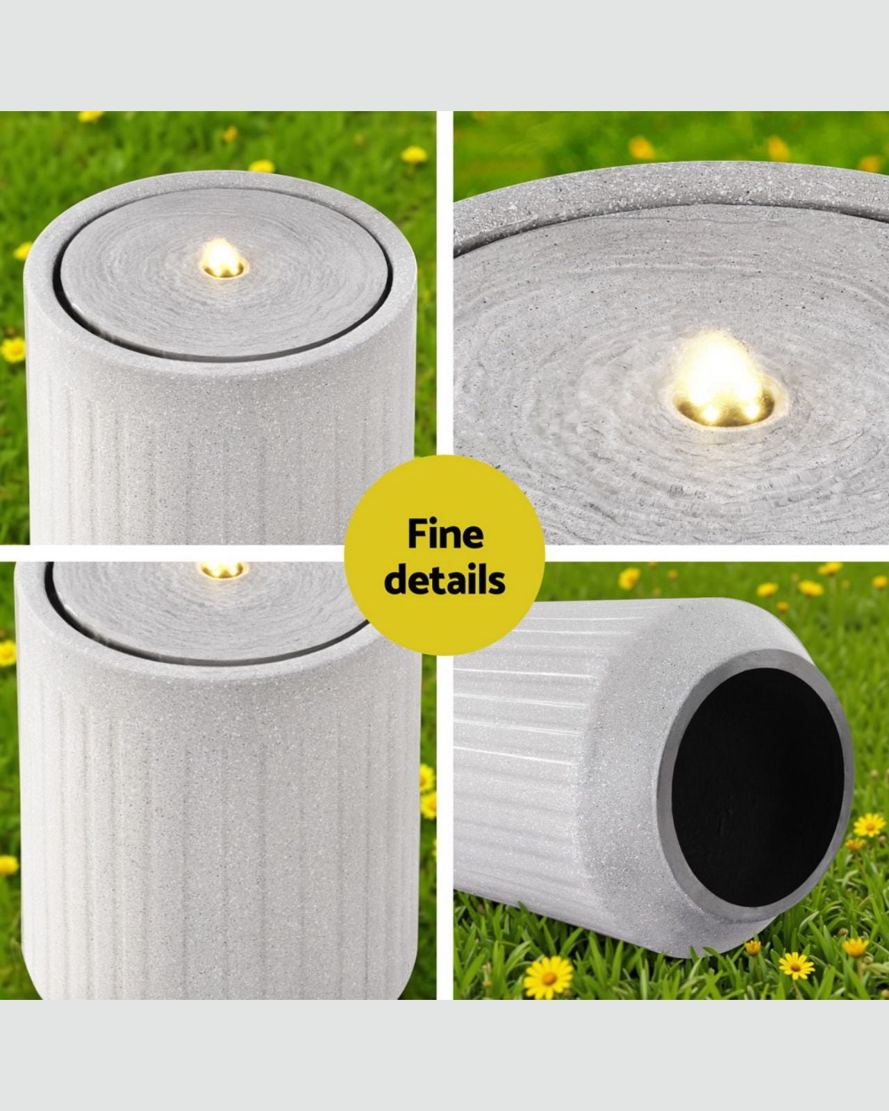 Roll of solar-powered LED lights water feature  on grass with close-up details.