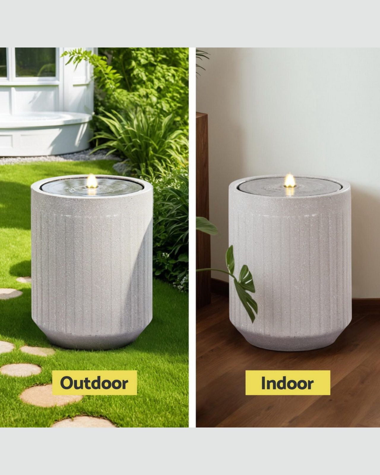 Two outdoor and indoor planter water features with lights on, labeled 'Outdoor' and 'Indoor'.