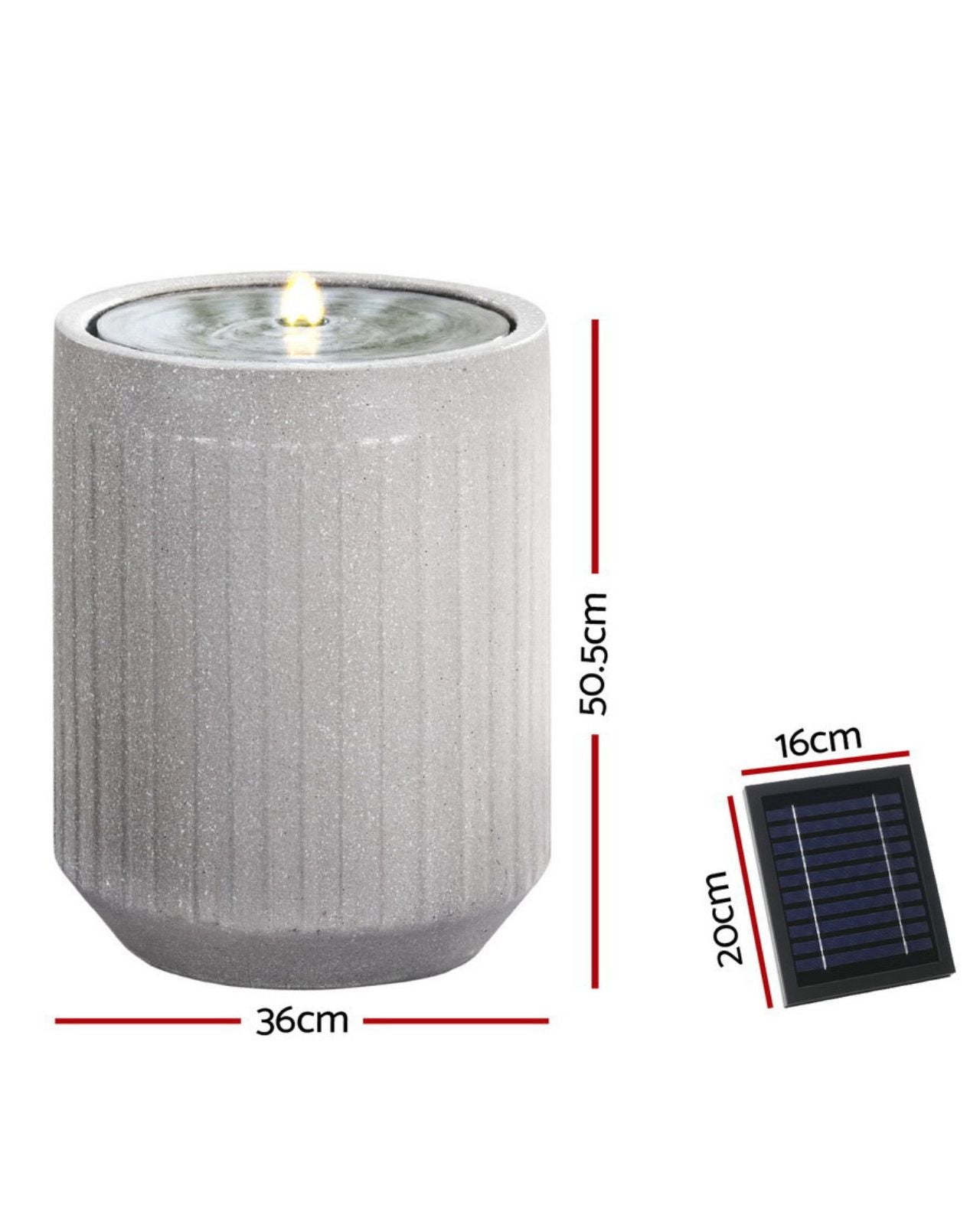 Cylindrical concrete-like solar light water fountain with dimensions displayed