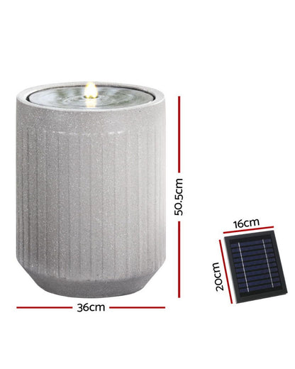 Cylindrical concrete-like solar light water fountain with dimensions displayed
