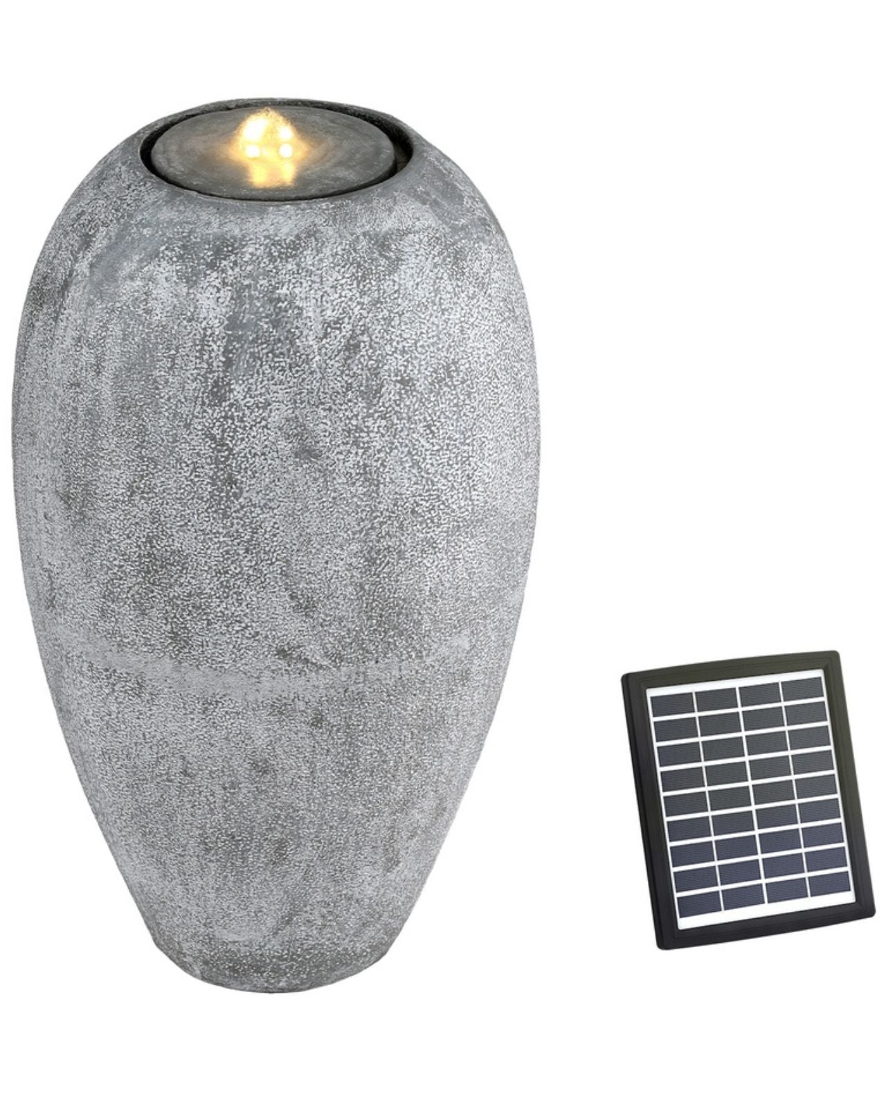 Decorative stone-like vase water feature with solar panel and LED light 