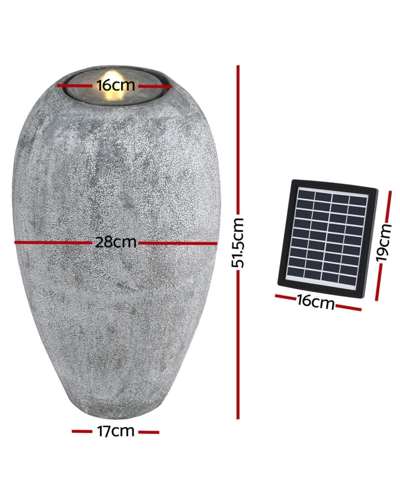 Gray stone-like decorative water feature with solar panel and measurements on a white background