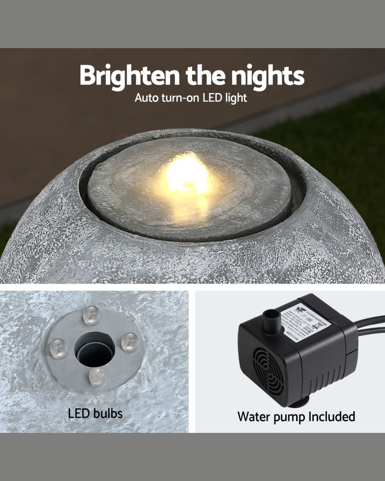 Outdoor LED light water feature with water pump and text 'Brighten the nights' on a gray background.