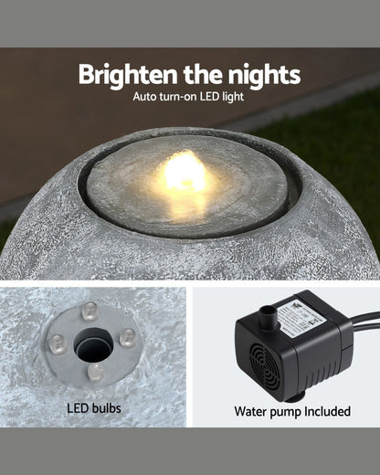 Outdoor LED light water feature with water pump and text 'Brighten the nights' on a gray background.
