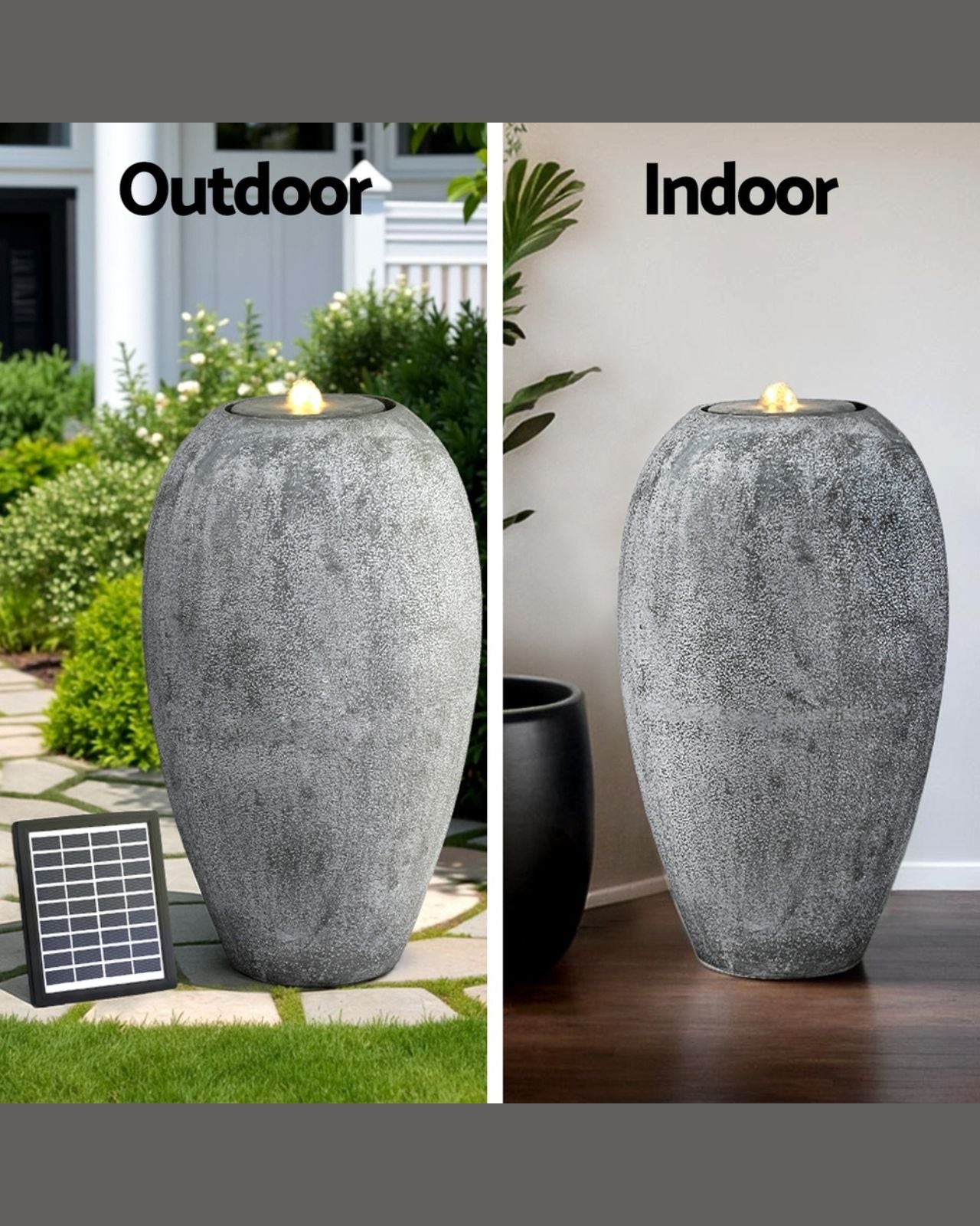 Two gray outdoor and indoor vases water features with solar panel on a grassy area and wooden floor respectively