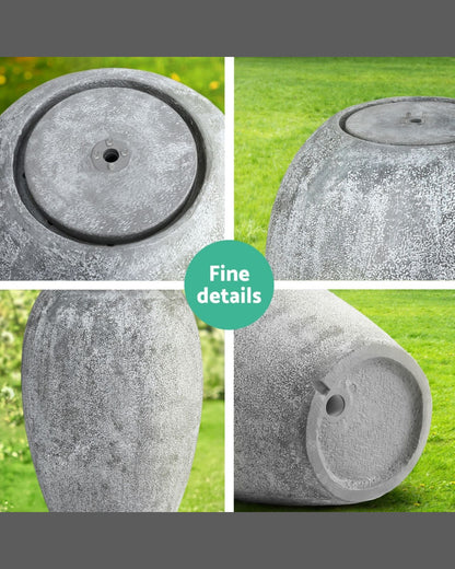 Close-up of a gray stone-like water feature with a central hole on a grassy background, labeled 'Fine details'.