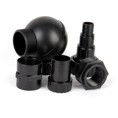 Set of black plumbing connectors on a white background