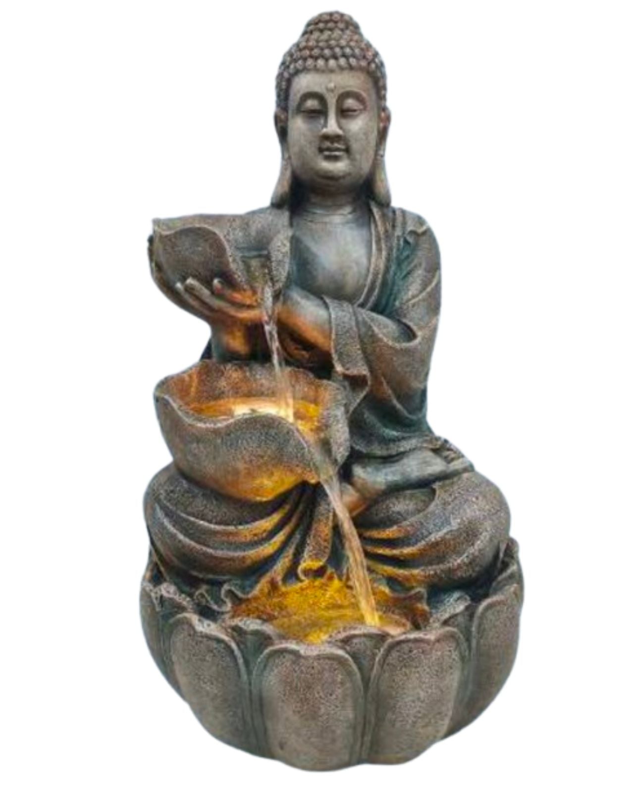 Statue of a Buddha figure with a lotus base and water feature on a white background