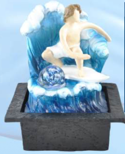 Tabletop surfer water fountain with ocean wave design