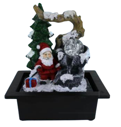 Decorative  tabletop fountain with Santa Claus, a tree, and a gift under a rock with snow on a white background.